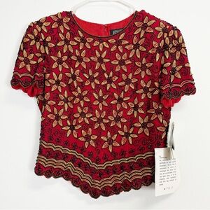 Adrianna Papell Blouse Womens Small Red Silk Embroidered Jeweled Beaded NWT